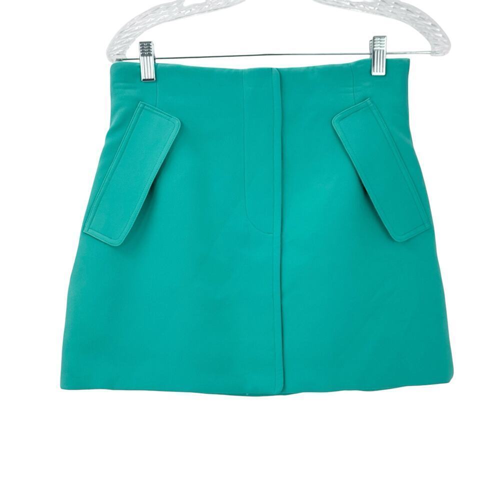 AKNVAS Cherry A-Line Mini Skirt Teal Faux Pockets Lined Back Zip Size 4 NWT